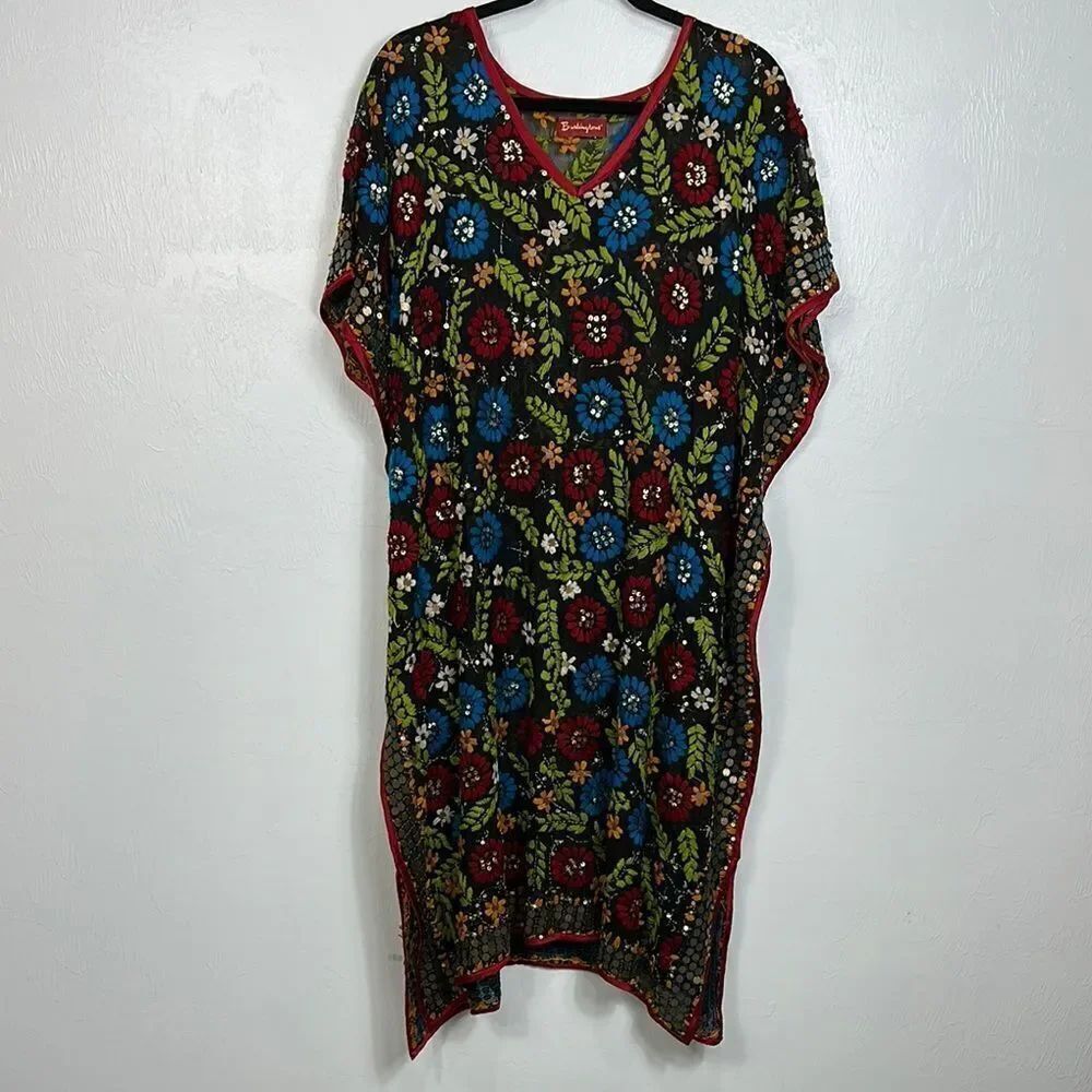 Burlingtons Colorful Floral Print V-neck Kaftan Midi Dress One Size